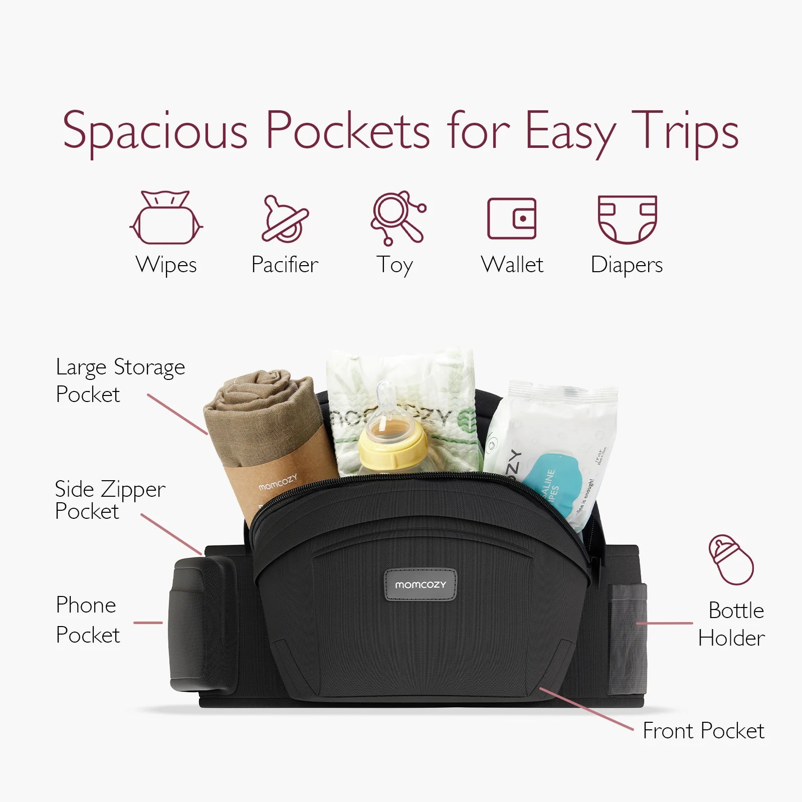 Momcozy Hip Seat Baby Carrier with Storage Pockets, Ergonomic Waist Support, Newborn to Toddler, Black