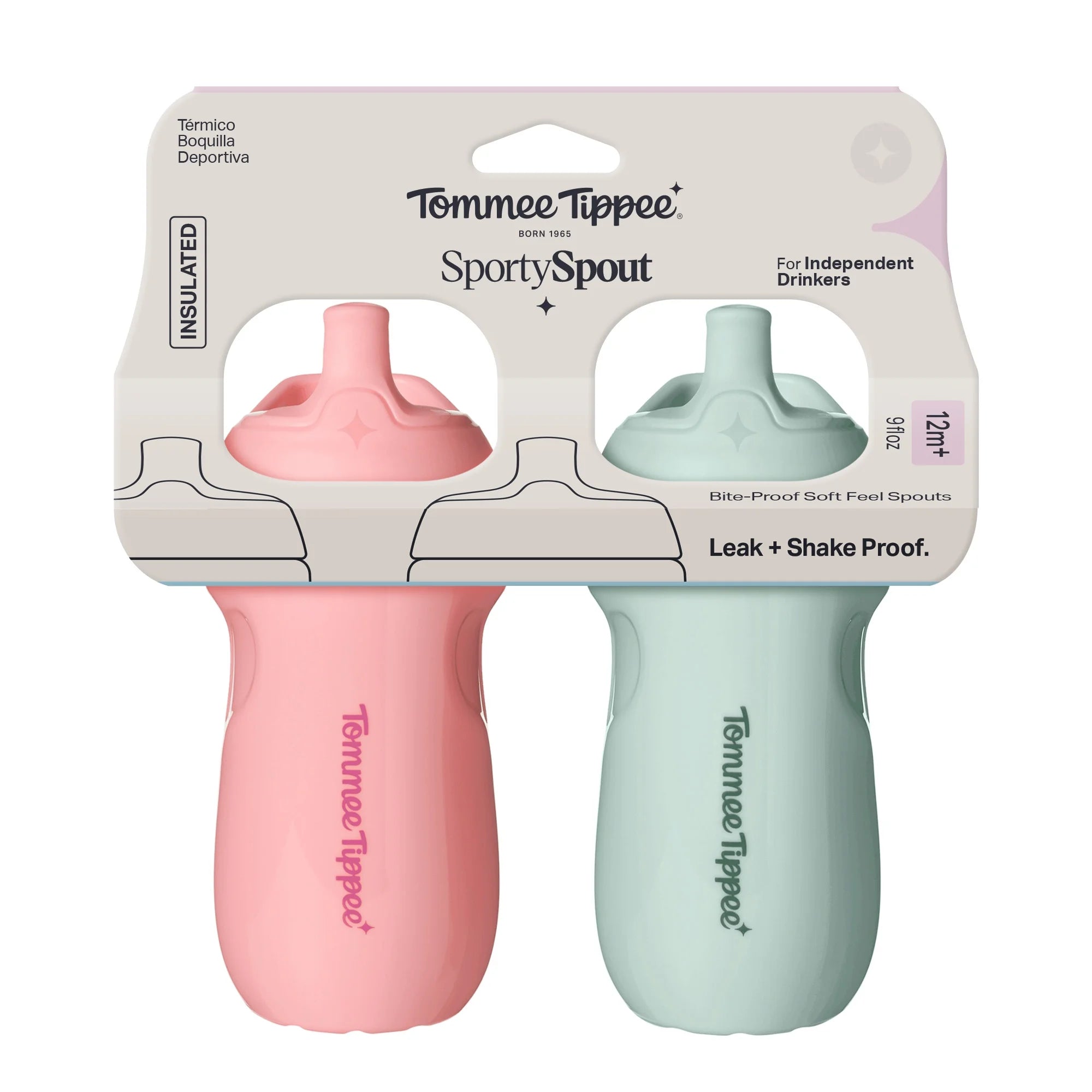 Tommee Tippee Insulated Sporty Bottle, 9oz, 12 Months Plus, No Spill Toddler Water Bottle, Pink & Blue