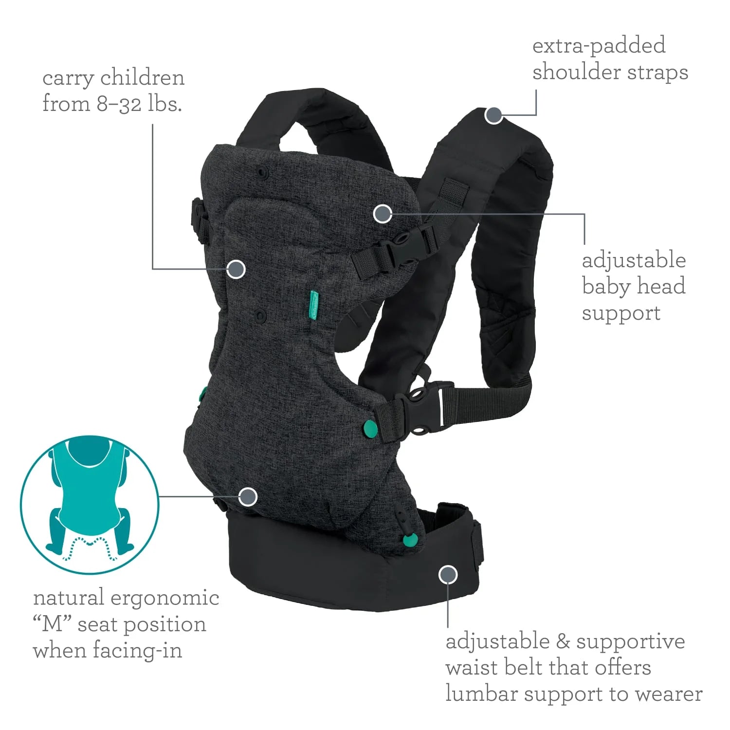 Infantino Flip 4-in-1 Convertible Baby Carrier, 4-Position, for Newborns and Toddlers 8-32lb, Black