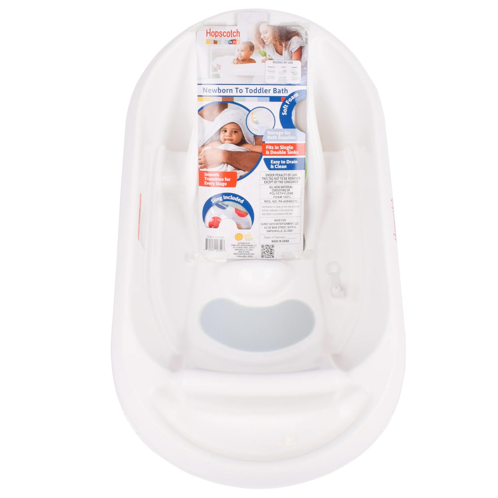 Hopscotch Lane Newborn to Toddler White 3-in-1 Rigid Baby Bathtub with Sling, Ages 0+ Months, Unisex