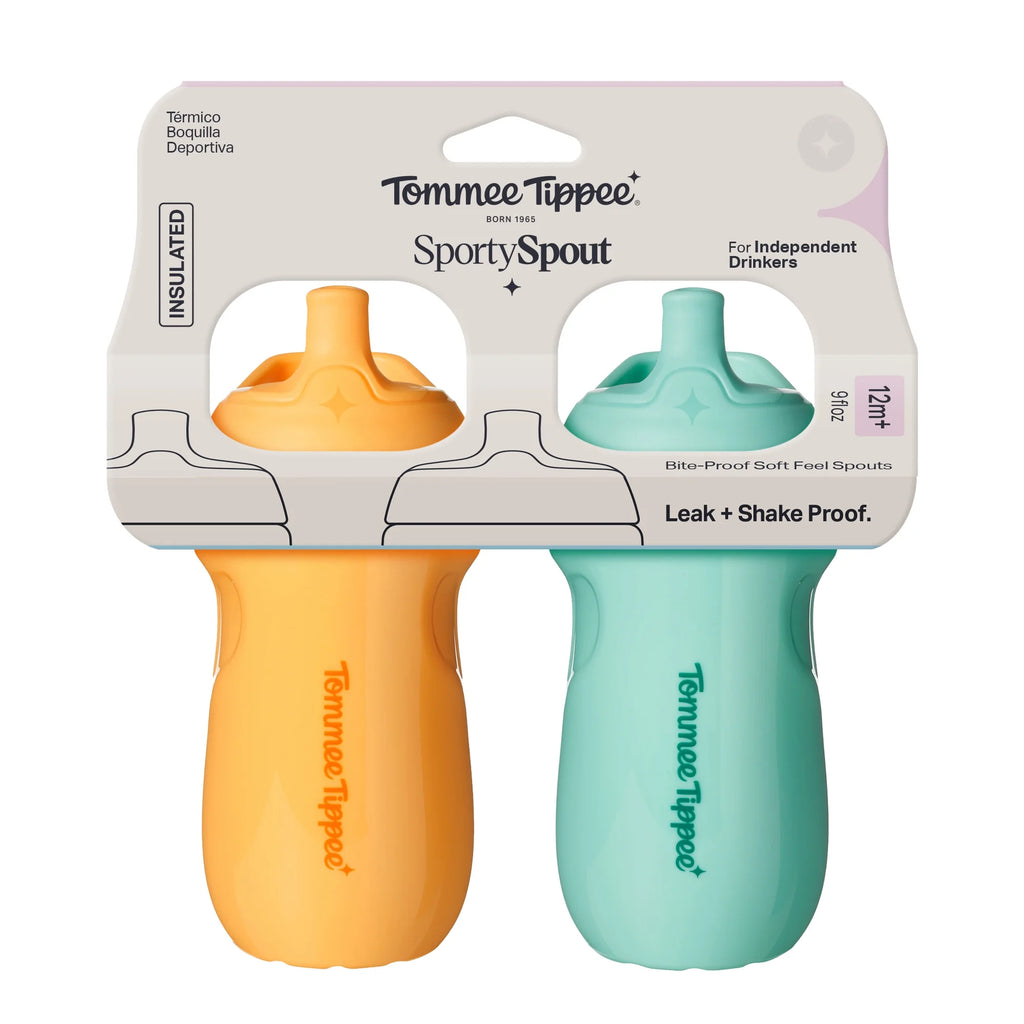 Tommee Tippee Insulated Sporty Bottle, 9oz, 12 Months Plus, No Spill Toddler Water Bottle, Blue & Orange, 2 Pack