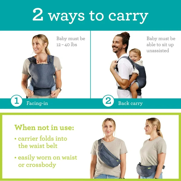 Infantino Fold & Go 2-in-1 Lightweight Carrier - Perfect for Quick Outings with Babies and Toddlers 12-40lbs, Gray