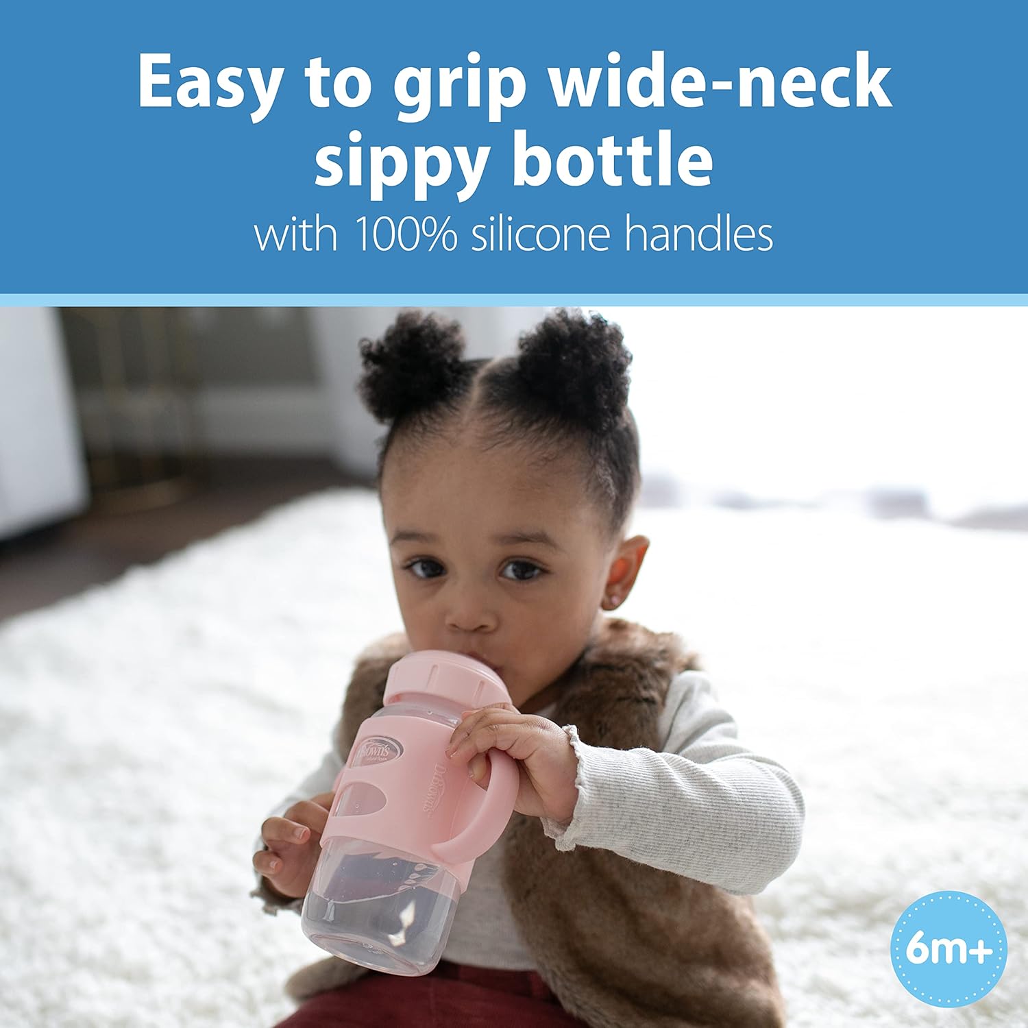 Dr. Brown's Milestones Wide-Neck Sippy Spout Bottle with 100% Silicone Handles, Easy-Grip Handles with Soft Sippy Spout, 9oz/270mL, Light-Pink, 1-Pack, 6m+