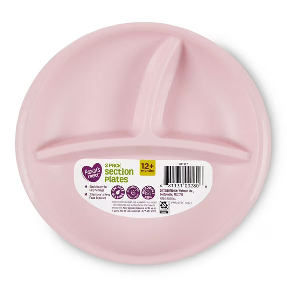 Parents Choice 3-Pack Compartment Section Plate, Aged 12 Months and up, Gender Neutral