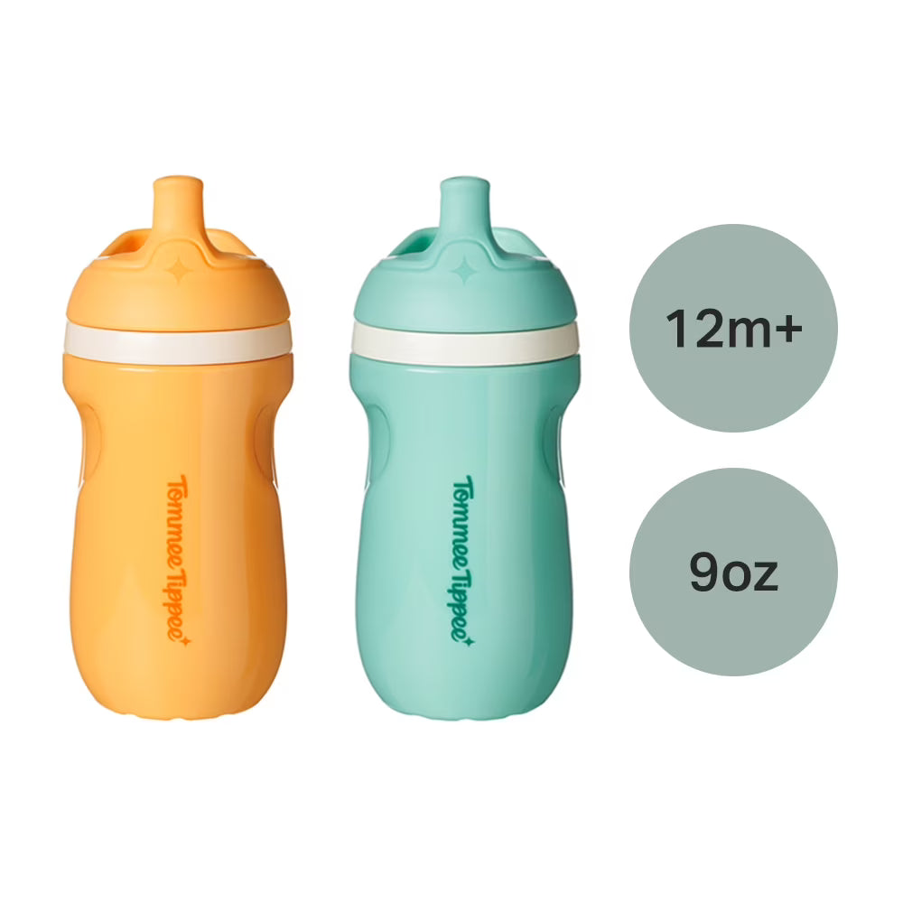 Tommee Tippee Insulated Sporty Bottle, 9oz, 12 Months Plus, No Spill Toddler Water Bottle, Blue & Orange, 2 Pack