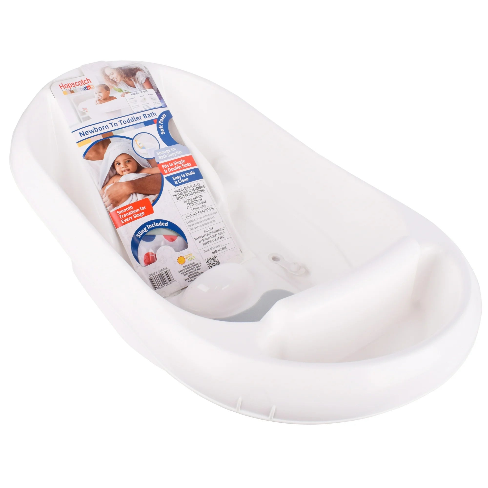 Hopscotch Lane Newborn to Toddler White 3-in-1 Rigid Baby Bathtub with Sling, Ages 0+ Months, Unisex